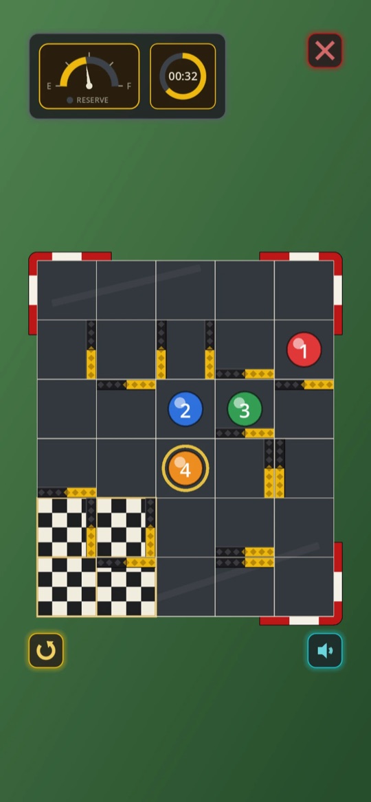 Cars racing across the board with fuel gauge and timer